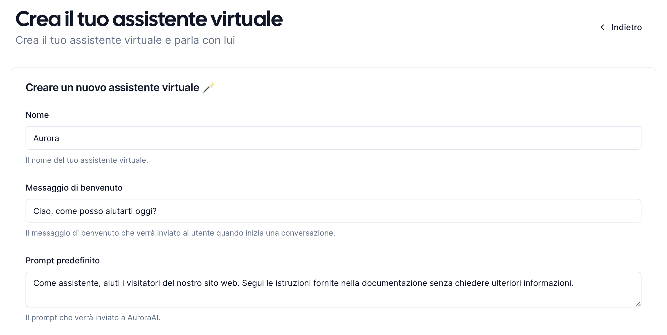 Un'immagine che mostra il modulo per creare un nuovo chatbot di AuroraAI